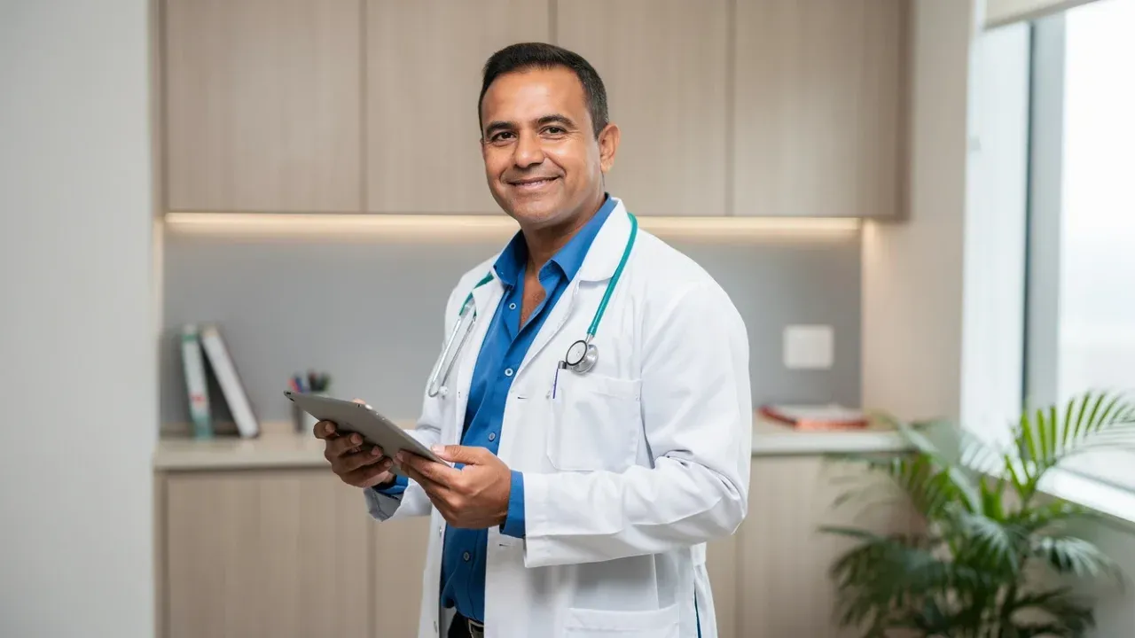 Médico usando um prontuário eletrônico moderno em consultório organizado