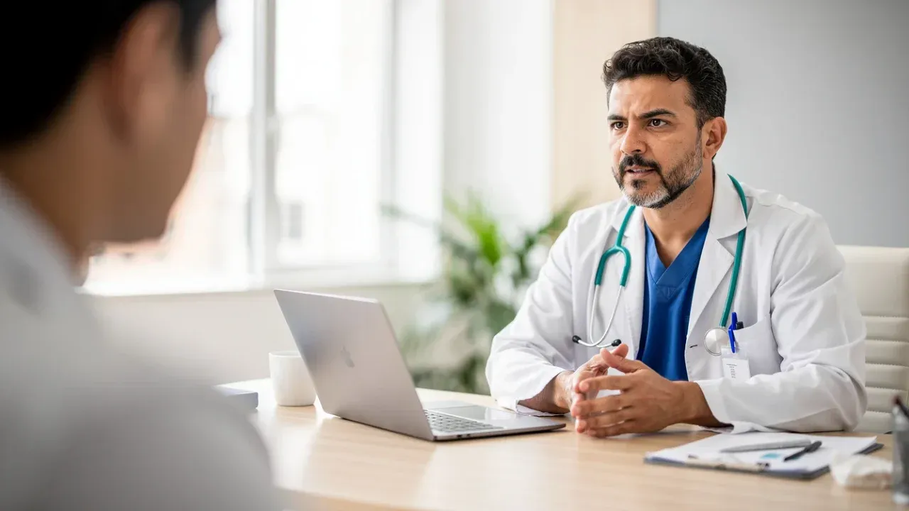 Médico atento conversando com o paciente, com o laptop ao lado, focado na pessoa