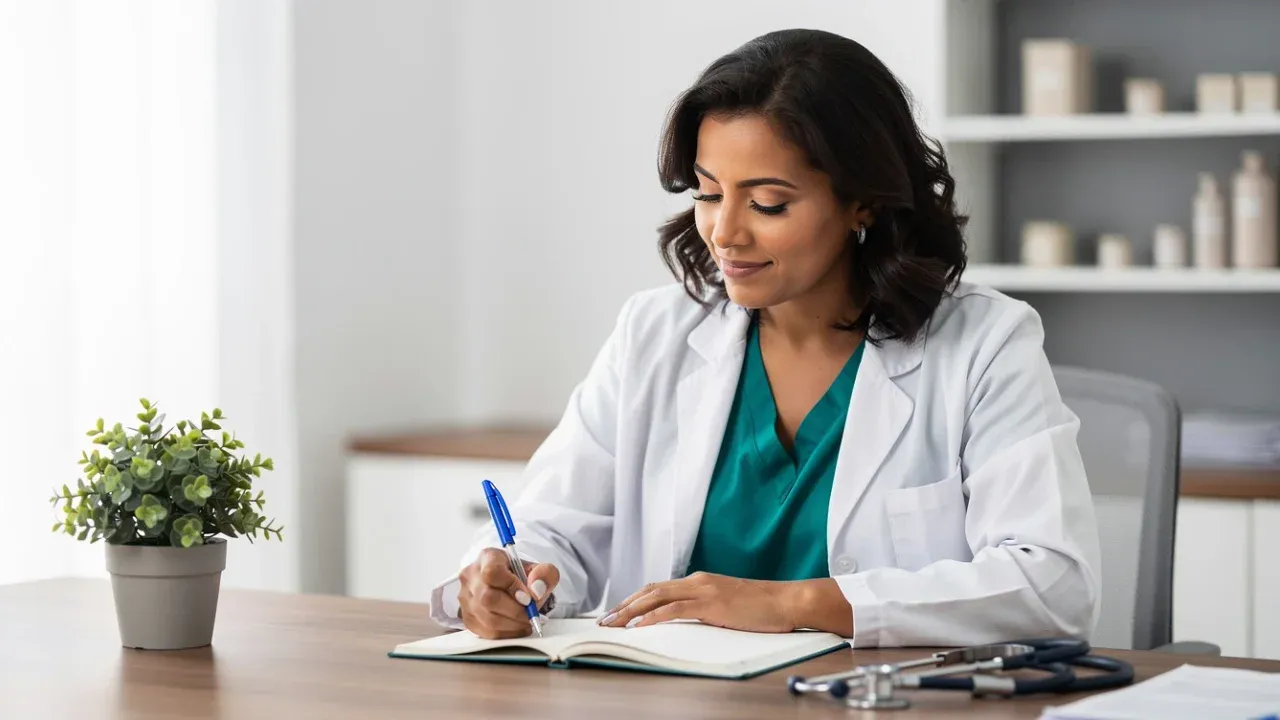 Médica em consultório escrevendo uma nota clínica com calma e organização